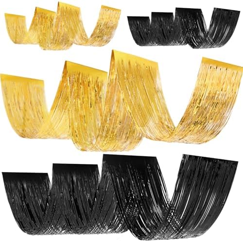 Breling 4 Pcs Black Gold Ceiling Fringe Curtains, Foil Drapes, 15 ft by Breling