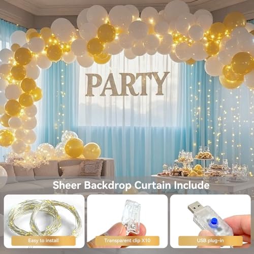 Ledido 10×10ft Blue Tulle Backdrop Curtain with Light(8 Panels 5×10ft) - Image 2