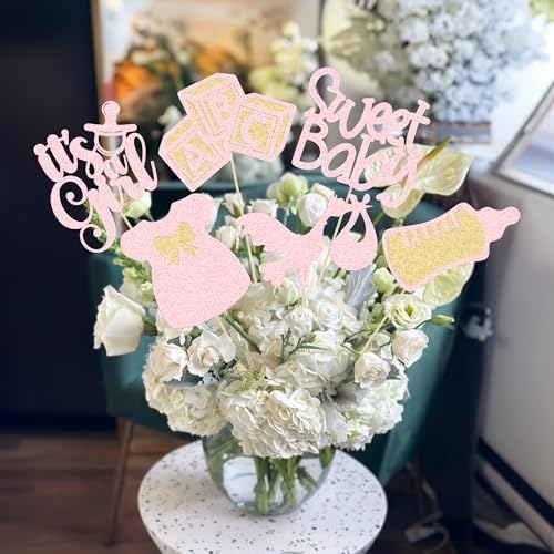Gyufise 12Pcs Baby Shower Centerpiece Sticks Glitter Tie Onesie Oh Baby Gender Reveal It's a Girl Table Centerpiece Sticks for Baby Shower Gender Reveal Kids Birthday Party Supplies Light Pink - Image 7