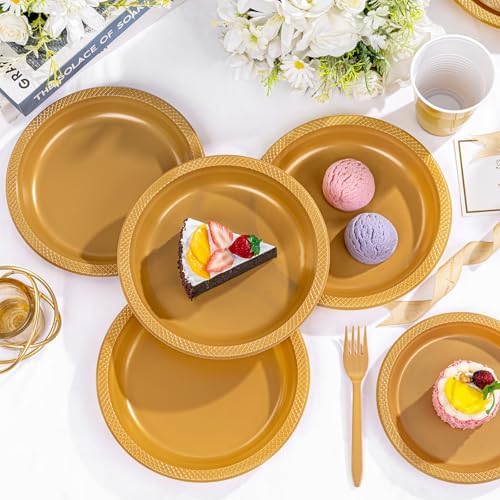 WELLIFE 210Pcs Gold Plastic Plates, Disposable Plastic Plates for Party - Image 3