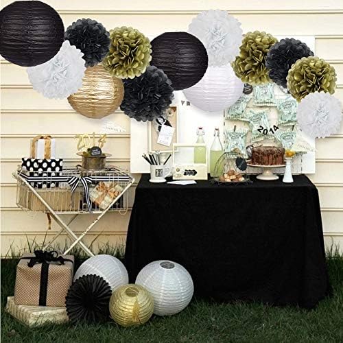 Paper Lanterns Paper Pom Poms Black and Gold Party Decorations 15pcs - Image 6