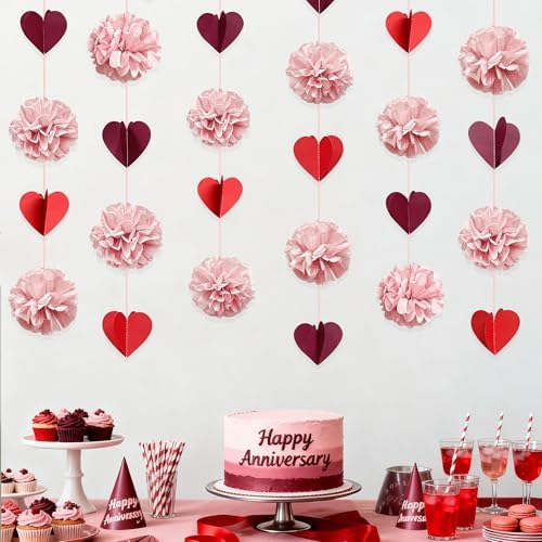 Dusty Rose Pink Party Decoration Tissue Flowers Pom Pom with Burgundy Red 3D Heart Hanging Paper Garland Banner Streamer for Valentines Day Birthday Wedding Shower Bridal Shower Party Supplies - Image 7