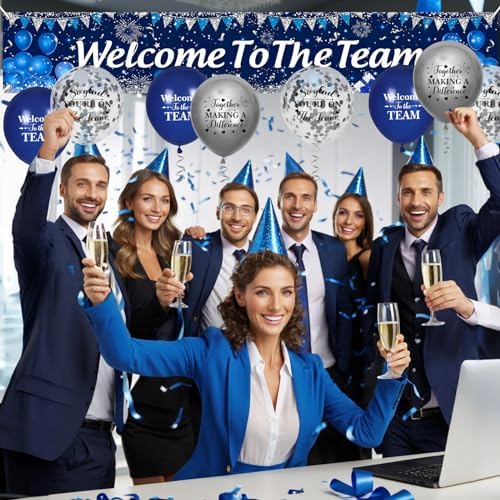 Blue Silver Welcome Team Yard Banner Sign with 18 Pcs Balloons for Office Party Decor - Image 5