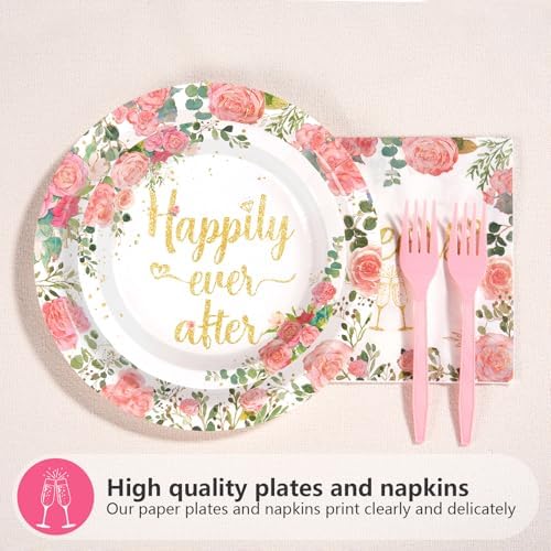 Grencian 96 Pcs Bachelorette Party Decorations Rose Gold Bride Shower Plates and Napkins Bride to Be Tableware Pink Flower and Gold Bachelorette Party Supplies for Engagement Wedding Party Favors - Image 3