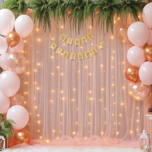 20x8ft Peach Tulle Backdrop Curtain with Lights String for Parites, Sheer Photo Backdrop Curtains with Lights for Wedding Backdrop Ceremony Reception Bridal Shower Baby Shower Birthday Party - Image 4