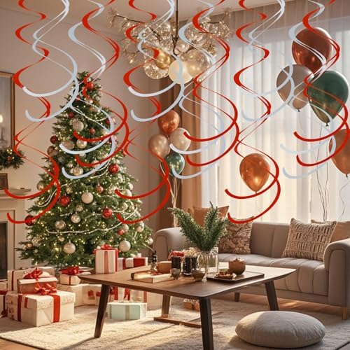 Colorful Ceiling Swirl Foil Decorations Hanging Plastic Streamer Themed Swirl Party for Christmas Graduation Celebration, Pack of 28 (Red and Sliver) - Image 7