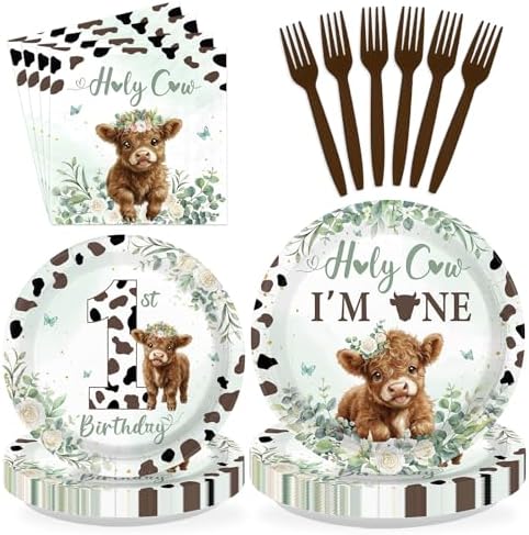 96Pcs Sage Green Highland Cow 1st Birthday Party Supplies Serves 24 by Greencian
