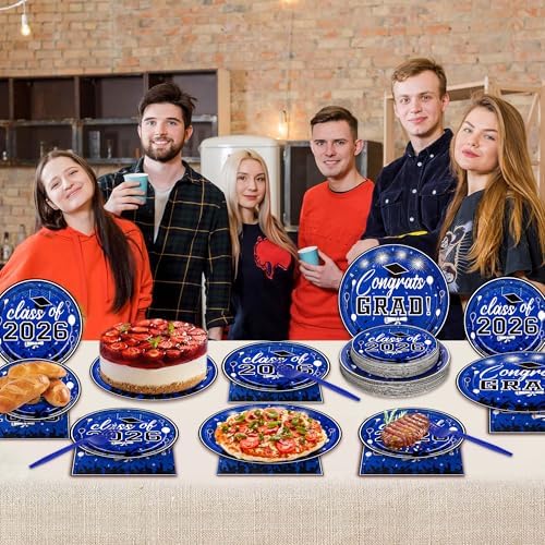 100 Pcs Graduation Plates and Napkins, 2026 Blue Graduation Disposable Plates and Napkins Party Supplies Set Serves 25, Blue Disposable Dinnerware Set for 2026 Decorations Grad Party - Image 7