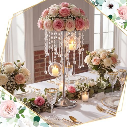 Novabright 2 Pack Tall Crystal Wedding Centerpieces with Globes, Silver - Image 7