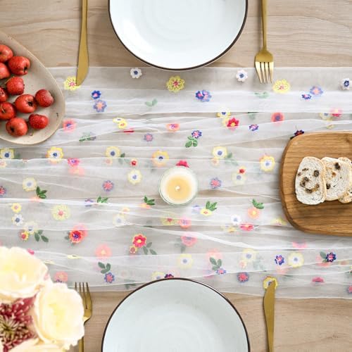 Artoid Mode 3PCS Embroidery Daisy Gauze Table Runner 120 Inch 10FT - Image 2