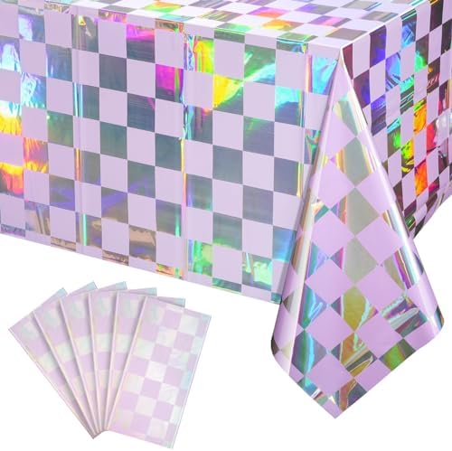 6Pack Iridescent Checkered and Purple Plastic Tablecloths Shiny Disposable Laser Rectangle Table Covers Holographic Foil Tablecloth Iridescent Party Decorations Birthday Bridal Baby Shower, 54x108Inch by EnjoyYourFunnyParties