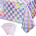 6Pack Iridescent Checkered and Purple Plastic Tablecloths Shiny Disposable Laser Rectangle Table Covers Holographic Foil Tablecloth Iridescent Party Decorations Birthday Bridal Baby Shower, 54x108Inch by EnjoyYourFunnyParties
