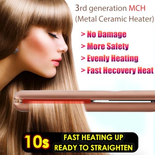 NITION Ceramic Tourmaline Hair Straighteners LCD Flat Iron MCH 10s Fast Heating Up. 1" Smooth 3D Floating Plate Healthy Straightening Tools. Heat-Proof Glove. Dual Voltage Travel. Champagne Gold - Image 2