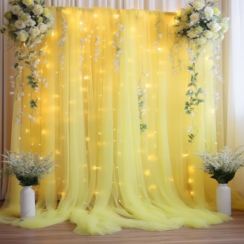 20ft x 10ft Yellow Backdrop Curtain with Lights String for Parties, Sheer Tulle Wedding Photo Backdrops Drapes for Baby Shower Birthday Party Decorations Background for Photography - Image 7