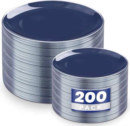 KIRE 200PCS Blue Plastic Plates with Silver Rim - Navy Blue Plastic Plates Include 100 Dinner & Dessert Plate - Heavy Duty Dark Blue Disposable Plate for Wedding/Parties/Christmas/Hanukkah by KIRE