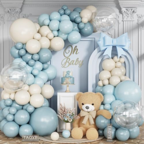 Dusty Baby Blue Balloon Arch Kit, Blue Beige Balloons Garland Slate Fog Baby Blue Ivory White Balloons with 3PCS 18Inch Clear Balloons for Men Boy Baby Shower Christening Birthday Party Decorations by TAOYE