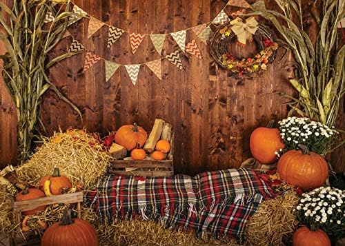 AIIKES 8x6FT Fall Thanksgiving Photo Backdrop Rustic Wood Board Barn Harvest Photography Background Autumn Pumpkin Leaves Flower Baby Birthday Portrait Party Decoration Photo Studio Booth Props 11-741 by AIIKESbackdrop