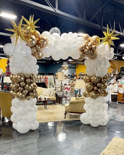 White and Gold Balloon Arch Kit, 146Pcs Explosion Star White Metallic Gold Latex Balloon Garland kit, 22 18 12 10 5 Inch Different Size Balloons for Anniversary Birthday Engagements Party Decorations - Image 7