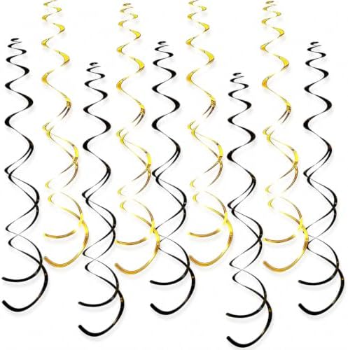 32 PCS Gold Black Hanging Swirl Decorations, Sparkle Ceiling Swirls with Plastic Streamers for Graduation, Casino Night, Black Tie, New Year, Milestone Birthday, Retirement Party by PARTVON