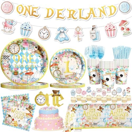 Party Inspo Onederland 1st Birthday Party Decorations for Girls-Wonderland Theme Tableware Supplies with Plates, Napkins, Cups, Cutlery, Serves 24, Perfect for Tea Party 197PCs by Unknown