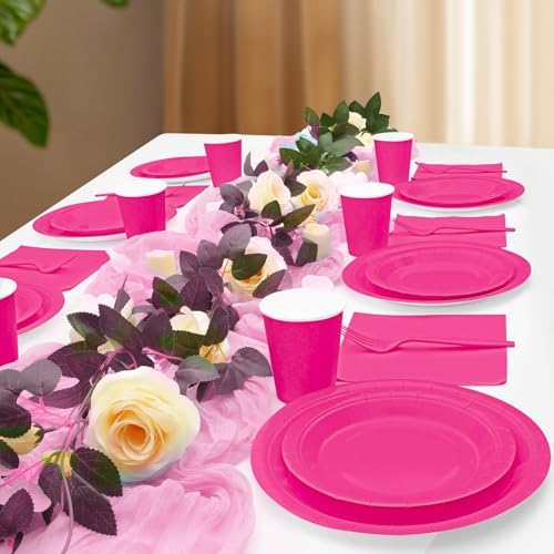 250Pcs Hot Pink Paper Plates and Napkins Supplies, Include 9’’Paper Party Plate, 7’’Dessert Plates Cups Napkins Forks Sets for Birthday, Anniversaries, Wedding, Picnics, Serves 50 - Image 6