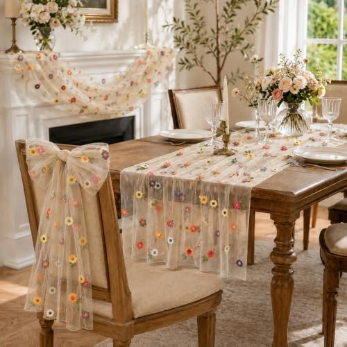 4 Pcs Flower Table Runner 29x72 Inch Champagne Daisy Tulle Decor - Image 6