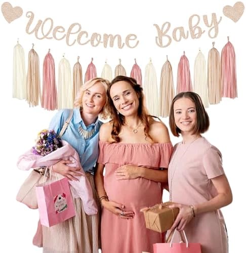 Blush-Pink Rose-Gold Fall Baby-Shower Party-Decorations - 31pcs Welcome Home Banner Sign,Neutral Paper Lanterns,Girl Streamers Garland,Boho Hanging Tissue Pom Poms Flowers Fans Backdrop Decor Burgleda - Image 6