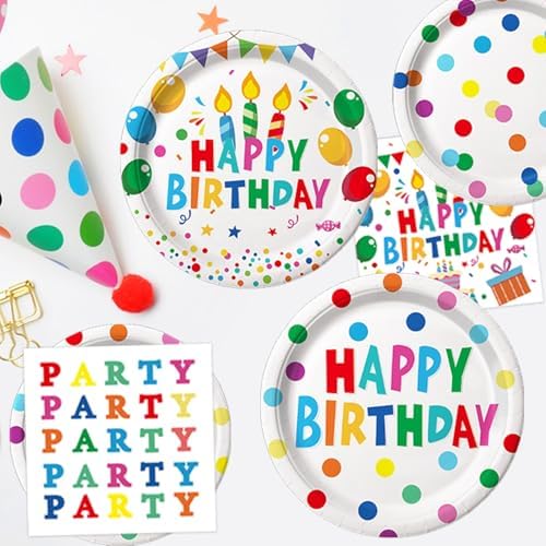 Happy Birthday Decorations - Colorful Dots Birthday Party Supplies Includes Plates, Napkins, Cups, Cutlery, Banner, Hanging Swirl, Tablecloth, Balloons for Birthday Decorations, Serves 24 - Image 5