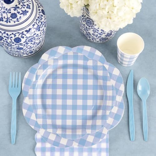168Pcs Blue Gingham Scalloped Paper Plates and Napkins Set for 24 Guests - Image 5