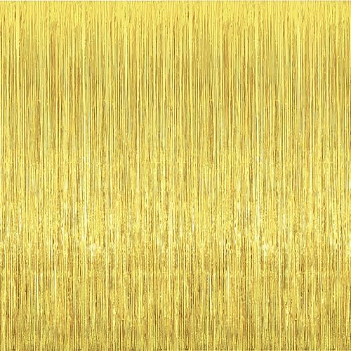 2 Pcs 3.2ft x 8.2ft Shiny Gold Metallic Tinsel Foil Fringe Curtains Photo Booth Backdrop for Birthday Wedding Holiday Celebration Bachelorette Party Decorations by i-CHONY