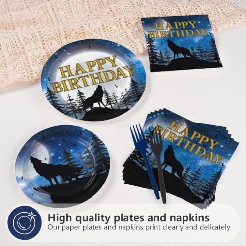 96Pcs Wolf Birthday Party Decorations Wolf Paper Plates and Napkins Full Moon Animal Decoration for Boys Birthday Party Supplies Serves 24 - Image 3