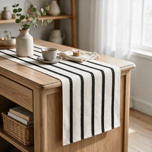 Artoid Mode Black Farmhouse Woven Stripe Table Runner, Seasonal Holiday Boho Rustic Kitchen Dining Table Decoration for Home Party Decor 12x90 Inch - Image 3