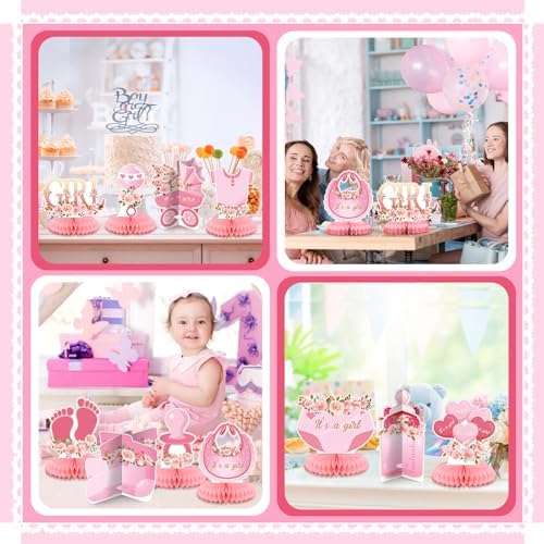 Pickmesh 12 Pcs Pink Baby Shower Decorations Honeycomb Centerpieces for Girls Floral It's a Girl Gender Reveal Table Centerpiece Party Supplies Baby Girl Pregnancy Announcement Table Topper - Image 6