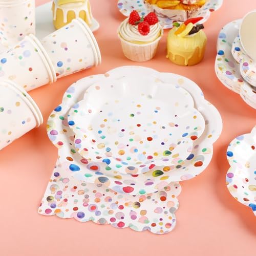 Colorful Birthday Plates and Napkins 200PCS Confetti Happy Birthday Party Plates Set Disposable Tableware Serve 50 for Art Paint Party Supplies Bubble Decorations-Colorful Paper Plates - Image 6