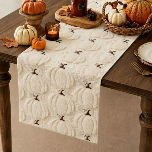 Fall Table Runner 13x72 Inch Soft Plush Faux Fur Jacquard Beige Pumpkin Table Runner, Seasonal Autumn Kitchen Dining Table Decoration for Home Party Decor ZR010A72 - Image 2