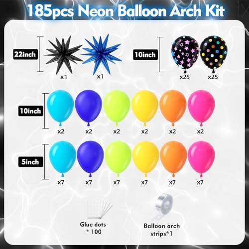 185Pcs Neon Balloons Arch Garland Kit with Glow in the Dark Balloons, Neon Balloons Arch Kit for Back to 80s 90s DISCO Birthday Party Decorations, Let's Glow Party, Rock Roll Party Supplies - Image 2