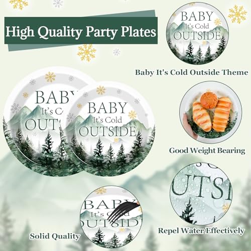 96Pcs Baby It's Cold Outside Plates and Napkins for Winter Baby Shower Party Supplies Forest Wonderland Dessert Disposable Plates Snowflake Tableware Set for 24 Guests Birthday Party Decorations - Image 3