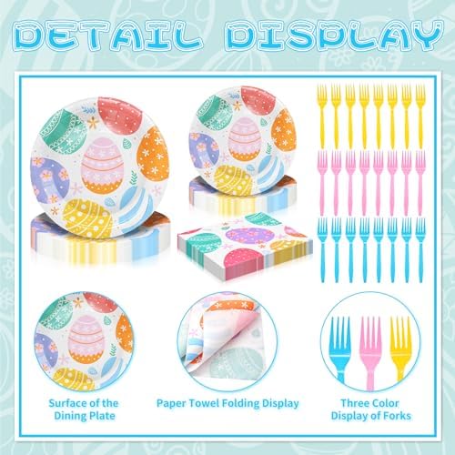 96 Pieces Easter Day Tableware Set Party Supplies - Colorful Eggs Pattern Disposable Dinnerware with Paper Plates, Napkins, Forks for Spring Celebrations Picnic Favors - Image 3