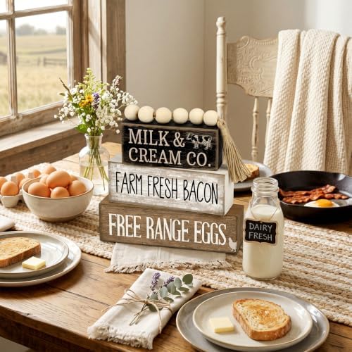 Moucuny 4 Pcs Farm Fresh Farmhouse Table Decor Rustic Stacked Wooden Sign - Image 4