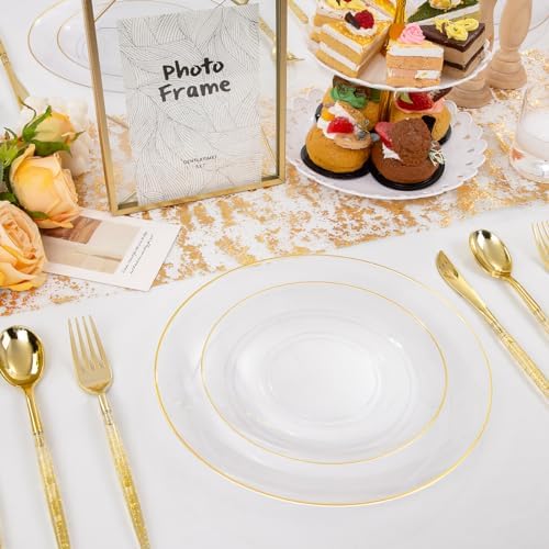 Liacere 150PCS Clear Gold Plastic Plates - Gold Plastic Silverware with Glitter Handle - Clear Disposable Plates Include 30 Guests Plates, Forks, Spoons, Knives for Wedding&Thanksgiving&Fall Party - Image 3