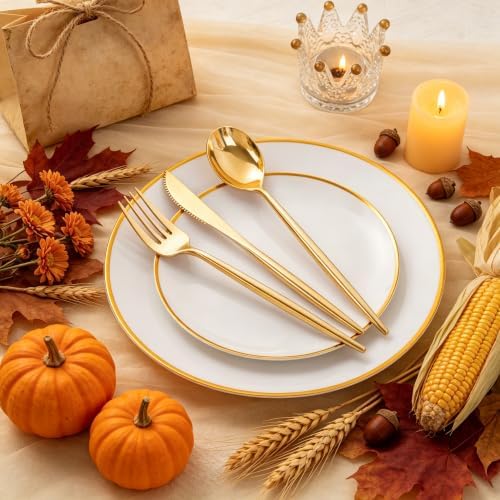 ejonirinjonir 180pcs Elegant White Plastic Plates for Wedding, Gold Trim - Image 2