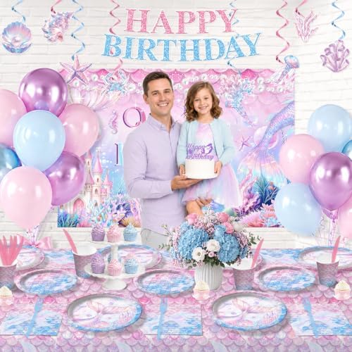 Mermaid Theme Birthday Decorations Plates and Napkins, Backdrop for Party - Image 4