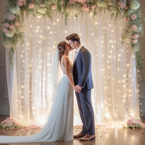 10x8ft White Tulle Backdrop Curtain with Lights String for Parites, Sheer Photo Backdrop Curtains with Lights for Wedding Backdrop Ceremony Reception Bridal Shower Baby Shower Birthday Party - Image 3