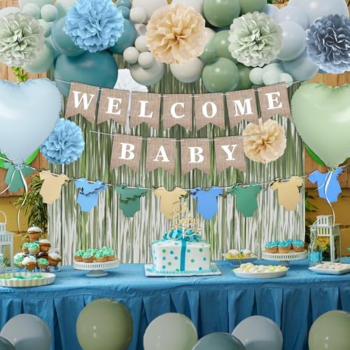 Blue Sage Green Baby Shower Decorations-Welcome Baby Boy Banner, Fringe Curtains, Paper Pompoms, Olive Green Dusty-blue Beige Cream Latex Balloon Décor For Boho Easter Jungle Baby Shower Blue Party - Image 4