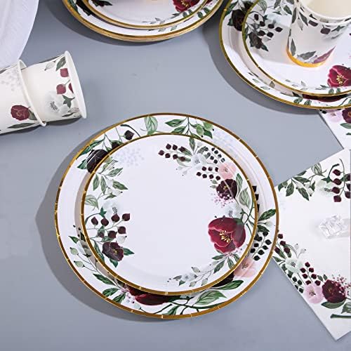 200Pcs Floral Paper Plates and Napkins Party Supplies - Bridal Shower Decorations Serves 50, Burgundy for Wedding, Birthday, Valentine's Day, Easter, Spring Party - Image 4