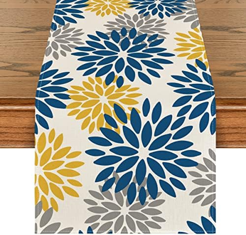Artoid Mode Blue Dahlia Floral Pinnata Summer Table Runner, Spring Kitchen Dining Table Decoration for Home Party Decor 13x108 Inch by ArtoidMode