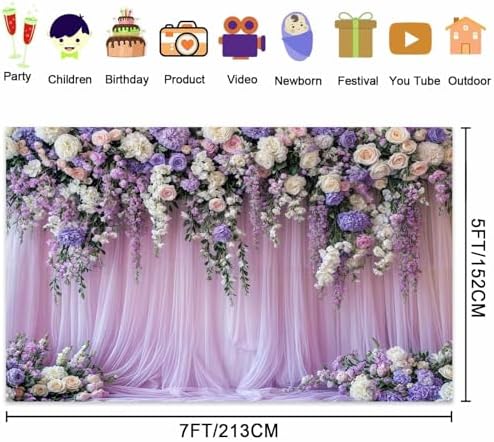 7x5ft Purple Lavender Floral Bridal Backdrop Wedding Flower Photography Backdrop for Girl Portrait Baby Shower Birthday Party Decor Banner Mother's Day Party Wall Backdrop Studio Photo Backgrounds - Image 5