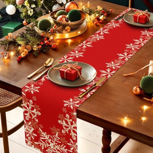 Red Snowflakes Christmas Table Runner Xmas Winter Decorations - Image 2