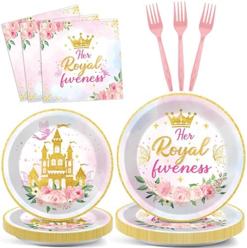CHUNNIN 96Pcs Princess 5th Birthday Plates and Napkins Her Royal Fiveness Decorations Princess Party Dessert Plates Rainbow Castle Tableware for 24 Guests 5th Theme Girl Baby Shower Party Supplies by CHUNNIN