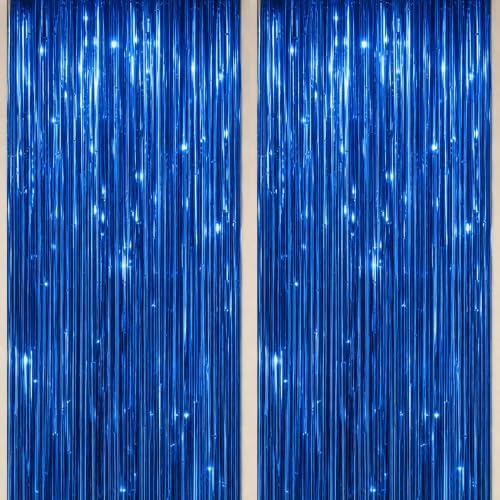 DECOCKRAT 2 Pack Foil Fringe Backdrop - Royal Blue Shiny Tinsel Curtains for Party Decoration/Photo Booth Props - 3.3x6.6 FT Metallic Foil Backdrop for Birthday, Wedding, Graduation, Christmas. by DECOCKRAT